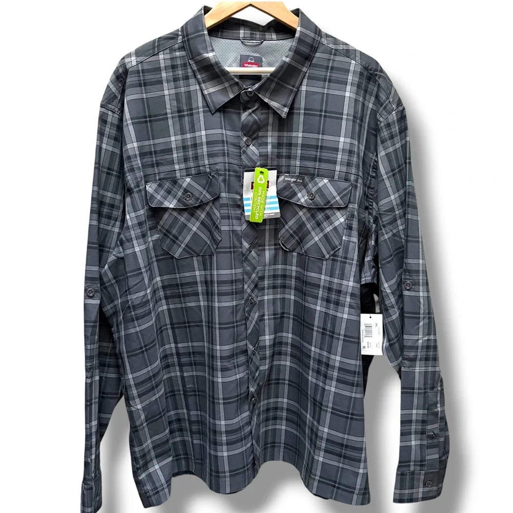 Wrangler‎ Outdoor Men 3XL Grey Plaid Stretch Moisture Wicking UPF 40 Shirt NEW